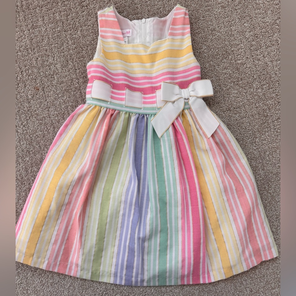 Bonnie Jean Sleeveless Multicolor Pastel Striped Dress with Bow Girls Size 4